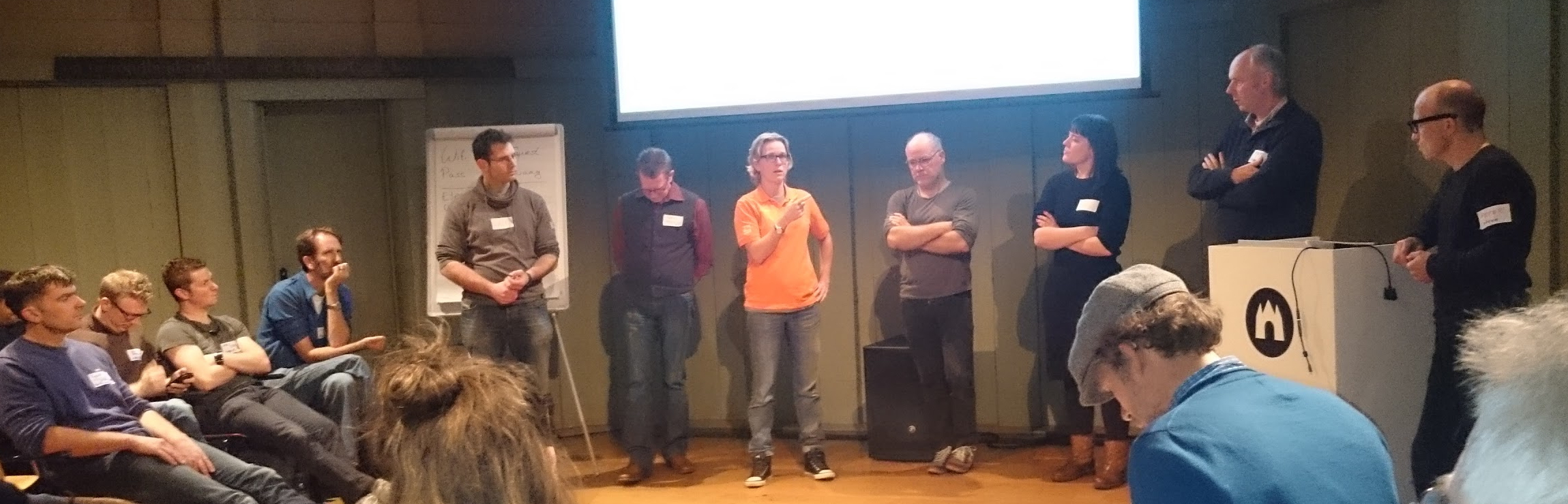 Different business models in the Netherlands presented by (standing, from left to right): Ruben Timmers (Saxion FabLab Enschede), Bertus Douwes (Frysklab), Charlotte Jansen (FabLab Breda), André van Rijswijk (Fablab Alkmaar), Vera van Duren (Fablab013), Frits Hoff (Fablab Zuid-Limburg); host: Peter Troxler.